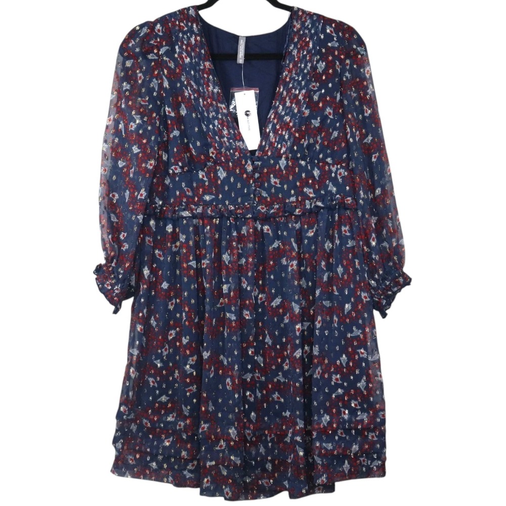 Urban Outfitters Printed Chiffon Mini Dress Women's Size XS Blue Ruffle Pintuck